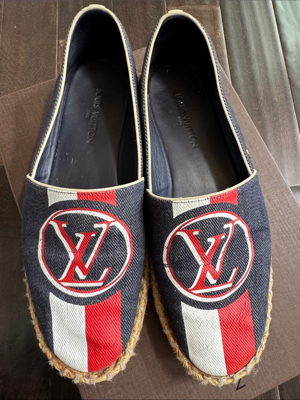 Women Louis Vuitton LV Logo Canvas Espadrilles Flats Shoes Navy Red White 37 - Picture 3 of 9